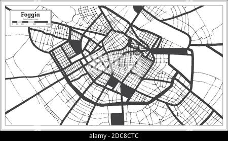 Mappa della città di Foggia in bianco e nero in stile retro. Mappa di contorno. Illustrazione vettoriale. Illustrazione Vettoriale