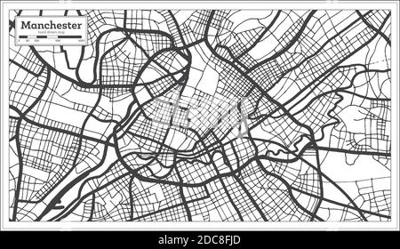 Mappa della città di Manchester Gran Bretagna in bianco e nero in stile retro. Mappa di contorno. Illustrazione vettoriale. Illustrazione Vettoriale