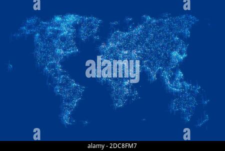 Mappa del mondo digitale, collegamenti e collegamenti, internet e velocità. Particelle. Planisfero. Il mondo dei social network e dell'influencer. Business e online Foto Stock