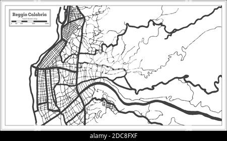 Reggio Calabria Mappa della città in bianco e nero in stile retro. Mappa di contorno. Illustrazione vettoriale. Illustrazione Vettoriale