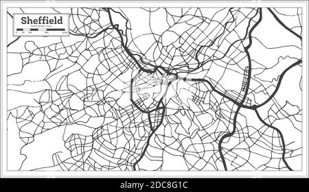 Mappa della città di Sheffield in Gran Bretagna in bianco e nero in stile retro. Mappa di contorno. Illustrazione vettoriale. Illustrazione Vettoriale