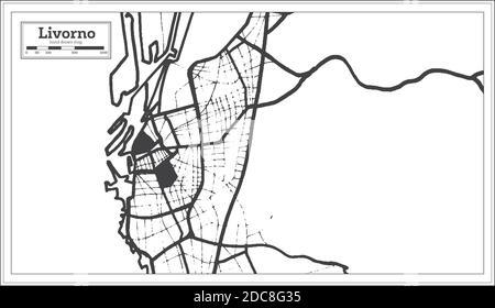 Livorno Mappa della città in bianco e nero in stile retro. Mappa di contorno. Illustrazione vettoriale. Illustrazione Vettoriale