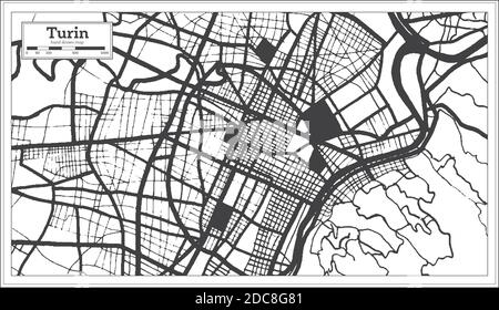 Mappa della città di Torino in bianco e nero in stile retro. Mappa di contorno. Illustrazione vettoriale. Illustrazione Vettoriale