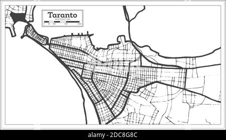 Taranto Mappa della città in bianco e nero in stile retro. Mappa di contorno. Illustrazione vettoriale. Illustrazione Vettoriale