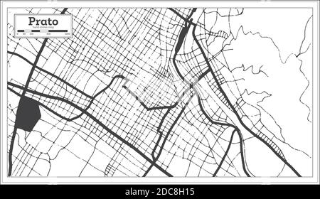 Mappa della città di Prato in bianco e nero in stile retro. Mappa di contorno. Illustrazione vettoriale. Illustrazione Vettoriale