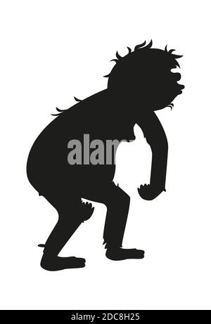 Antica scimmia o homo erectus silhouette nera, antenato umano cartoon illustrazione vettoriale. Grande scimmia sartless, primati, uno dei palcoscenici della teoria evolutiva di Darwin, isolato su sfondo bianco Illustrazione Vettoriale