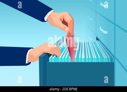 Vettore di un impiegato d'ufficio un uomo d'affari che tira fuori rosso piegatrice da un cassetto del cabinet dei file Illustrazione Vettoriale