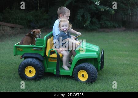 Bambini in giro su giocattolo con cane Foto Stock