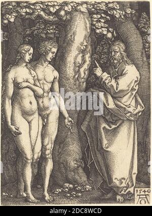 Heinrich Alsgrver, (artista), tedesco, 1502 - 1555/1561, Dio vieta di mangiare dall'albero, la storia di Adamo ed Eva, (serie), 1540, incisione Foto Stock