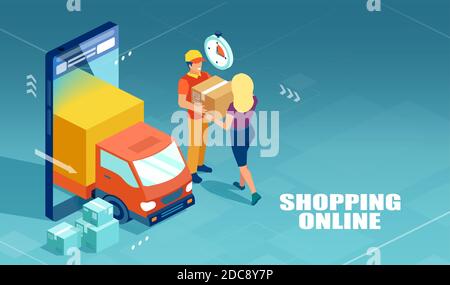 Concetto di shopping online. Vettore di un addetto alla consegna che porta una scatola ad un acquirente di Internet Illustrazione Vettoriale