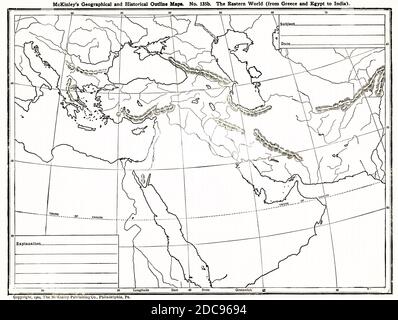 Questa mappa geografica e storica mostra il mondo orientale dalla Grecia all'Egitto all'India. Foto Stock