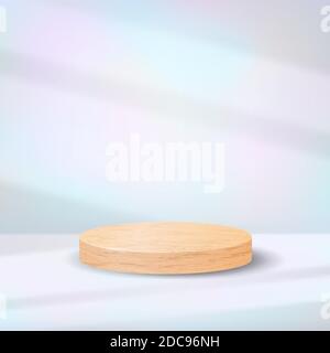 Podio in legno realistico su sfondo color pastello iridescente con effetto shadow overlay. Scena minima con piedistallo a cilindro vuoto per la presentazione dei prodotti Illustrazione Vettoriale