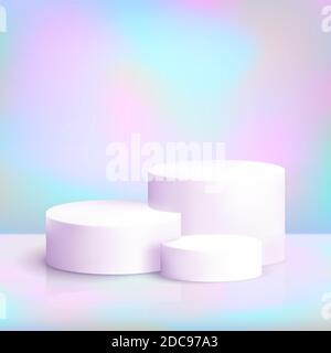 Podio bianco realistico su sfondo iridato con fiocchi di neve. Elegante scena color pastello con piedistallo cilindrico vuoto per la mostra di prodotti. Piattaforma di lusso Illustrazione Vettoriale