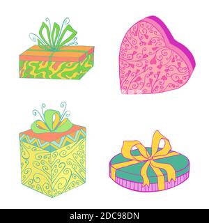 Collezione di confezioni regalo per la confezione sorpresa natalizia con nastro per anniversario o regalo di compleanno per il regalo di natale Illustrazione Vettoriale