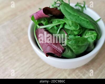 In una ciotola si mescolano lattuga verde e rossa con una foglia di spinaci, bietole, barbabietole e rucola. Foto Stock