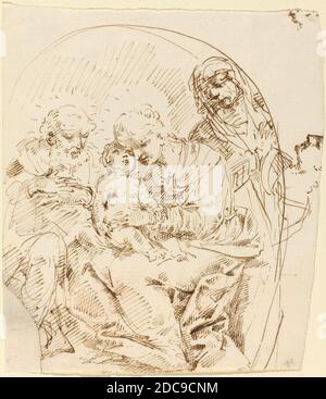 Donato Creti, (artista), Bolognese, 1671 - 1749, Sacra Famiglia con Sant'Anna e testa femminile nel profilo, penna e inchiostro marrone su carta a fogli, tuta (approssimativa): 19.6 x 17.1 cm (7 11/16 x 6 3/4 pollici Foto Stock