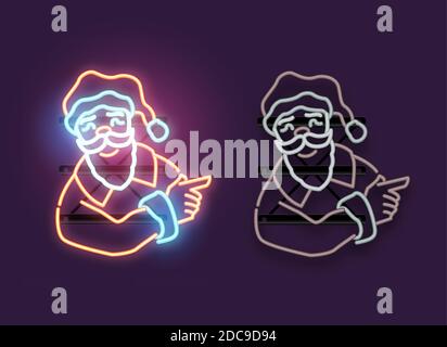 Luce al neon vintage brillante di Babbo Natale che punta con le versioni on e off. Illustrazione del vettore di natale del Padre Illustrazione Vettoriale