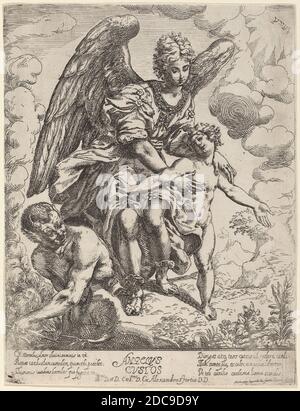 Girolamo Imperiale i, (artista), italiano, morto c. 1639, Guardian Angel, 1622, incisione con incisione, foglio (rifilato alla tacca della piastra): 24.8 x 19.2 cm (9 3/4 x 7 9/16 pollici Foto Stock