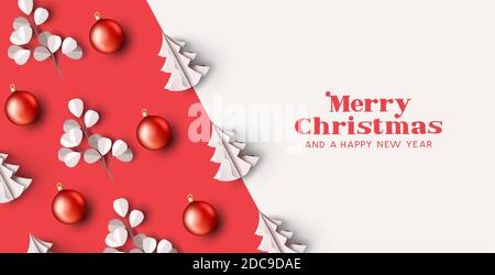Un disegno astratto di layout di sfondo natalizio con baubles rossi, alberi di Natale di carta e rami di eucalipto. Illustrazione vettoriale Illustrazione Vettoriale
