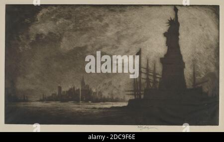 Joseph Pennell, (artista), americano, 1857 - 1926, Hail America, 1908, mezzotint, piatto: 21.27 × 38.1 cm (8 3/8 × 15 pollici), foglio: 27.94 × 43.18 cm (11 × 17 pollici Foto Stock