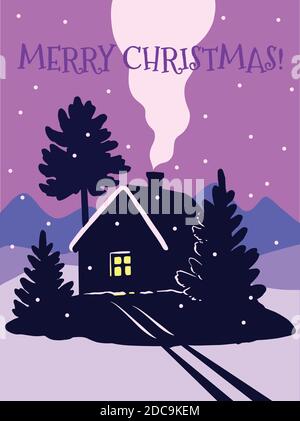 Carino biglietto d'auguri di Natale con accogliente casetta e abeti. Nevicando sera. Illustrazione Vettoriale
