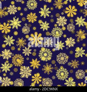 Motivo senza cuciture con gli elementi originali in fiocchi di neve dorati. Illustrazione Vettoriale