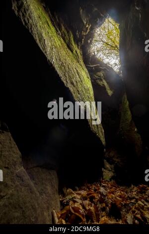 Vista dalla piccola grotta scura in autunno foresta Foto Stock