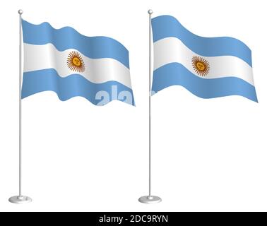 Bandiera argentina su flagpole ondeggiante nel vento. Elemento di design per le vacanze. Punto di verifica per i simboli della mappa. Vettore isolato su sfondo bianco Illustrazione Vettoriale