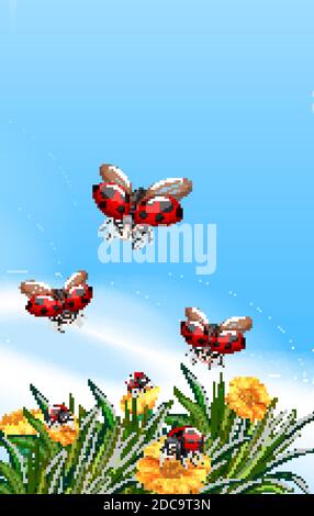 Scena vuota con ladybugs nel giardino con alcuni fiori a illustrazione diurna Illustrazione Vettoriale