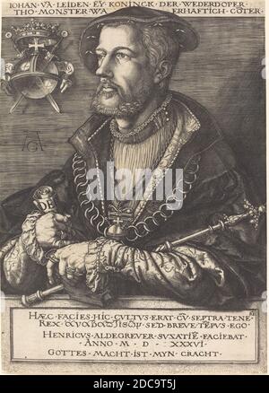 Heinrich Alsgrver, (artista), tedesco, 1502 - 1555/1561, Jan van Leyden, incisione, foglio (rifilato all'interno del contrassegno della piastra): 31.7 x 22.6 cm (12 1/2 x 8 7/8 pollici Foto Stock