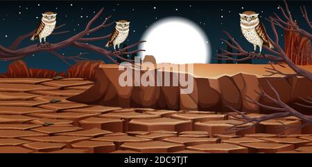 Deserto con montagne rocciose e paesaggi di animali desertici di notte illustrazione della scena Illustrazione Vettoriale