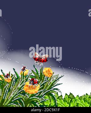 Scena vuota con ladybugs in giardino con alcuni fiori illustrazione notturna Illustrazione Vettoriale