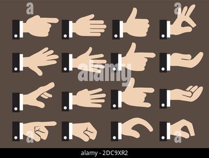 Insieme di icone vettoriali isolate di segni e gesti delle mani di un uomo d'affari Illustrazione Vettoriale