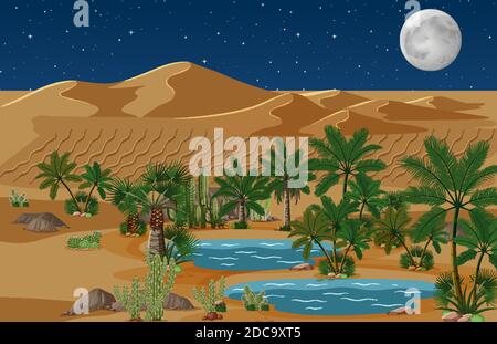 Oasi del deserto con palme e cactus paesaggio naturale di notte illustrazione della scena Illustrazione Vettoriale