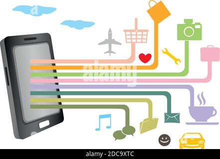 Smartphone con connessioni di rete a diverse icone Web per applicazioni Internet. Illustrazione vettoriale isolata su sfondo bianco. Illustrazione Vettoriale
