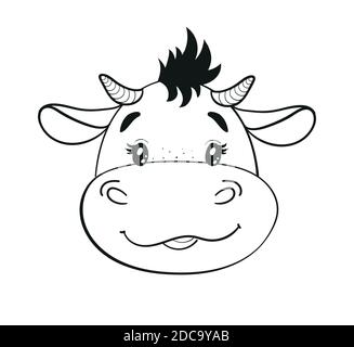 Carino cartoon baby bull, disegno di linea. Testa di cub di toro, simbolo di 2021, clip-art con animale su sfondo bianco. Illustrazione vettoriale stock. Felice anno nuovo 2021 della Ox, Toro Illustrazione Vettoriale