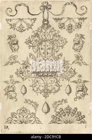 Daniel Mignot, (artista), tedesco, attivo 1593/1596, grande pendente circondato da dieci diversi prigionieri, diversi disegni ornamentali, (serie), incisione Foto Stock