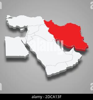 Posizione del paese in Iran all'interno della mappa isometrica 3d del Medio Oriente Illustrazione Vettoriale