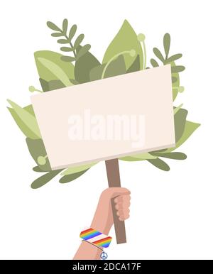 Immagine piatta della mano del pacifista con striscione, foglie verdi e posto per il testo. Rally e picket. Dimostrazione di pace. Modello natura vettoriale per ART Illustrazione Vettoriale