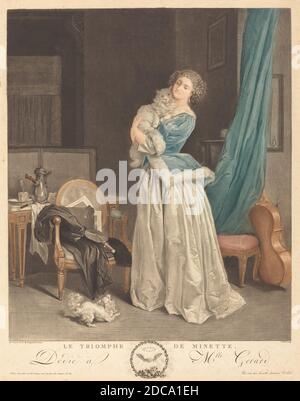 Geraud Vidal, (artista), francese, 1742 - 1801, Marguerite Gérard, (artista dopo), francese, 1761 - 1837, le triomphe de Minette, acquatint di colore, stiple, e incisione Foto Stock