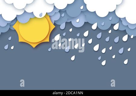 Cielo con nuvole piovose, sole e gocce di pioggia. Tempo di taglio della carta. Illustrazione Vettoriale