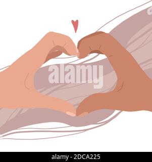 Immagine piatta disegnata a mano di due mani con una forma a cuore. Coppia di uomo e donna. Coppia d'amore. Biglietto d'auguri per San Valentino. Messaggio di saluto vettore ca Illustrazione Vettoriale