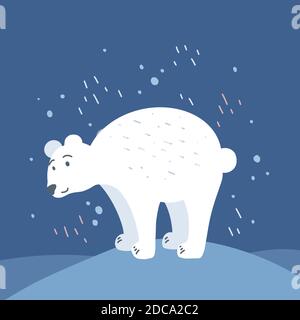 Illustrazione piatta di un orso polare disegnato a mano in piedi su rondate di neve con avvolgimento intorno. Salva la natura in una bellezza incontaminata. Cute foto della fauna selvatica per bambini. Illustrazione Vettoriale