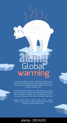 Riscaldamento globale. Scheda verticale con fumetto doodle illustrazione di triste orso polare sulla fusione di ghiaccio fessurato. Problema mondiale. La minaccia di estinzione di ra Illustrazione Vettoriale