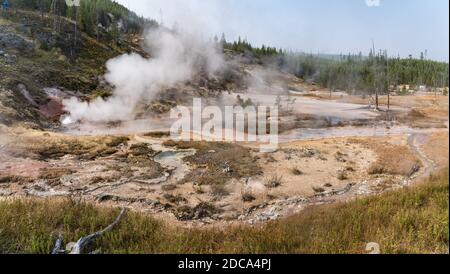 Blood Geyser che bolle e fuma negli Artists Paintpots del Parco Nazionale di Yellowstone nel Wyoming, Stati Uniti. Foto Stock