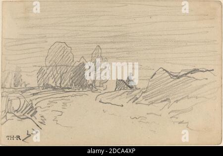 Théodore Rousseau, (artista), Francese, 1812 - 1867, Paesaggio i, grafite su carta wove, totale: 8.5 x 12.9 cm (3 3/8 x 5 1/16 pollici Foto Stock