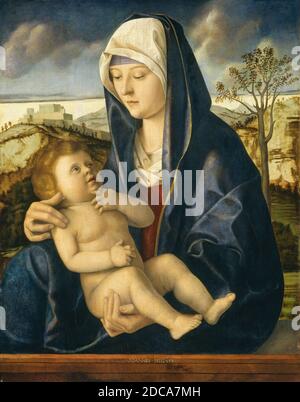 1500, (artista), Giovanni Bellini, (artista collegato), Veneziano, c. 1430/1435 - 1516, Madonna col Bambino in un paesaggio, c. 1490/1500, olio su pannello, totale: 74.2 x 58.3 cm (29 3/16 x 22 15/16 pollici), incorniciato: 110.8 x 88.6 cm (43 5/8 x 34 7/8 pollici Foto Stock