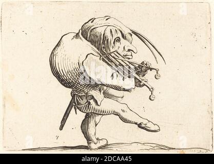 Jacques Callot, (artista), francese, 1592 - 1635, uomo raschiando una griglia, varietà Figura Gobbi, (serie), c.. 1622, incisione e incisione Foto Stock