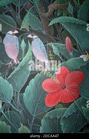 Indonesia Art - Sparrow Java (Lonchura oryzivora) e Red Hibiscus Foto Stock
