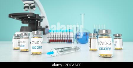 Vaccino per il coronavirus in laboratorio. Farmaco per Covid-19 in flaconi. Trattamento per coronavirus prodotto in laboratorio. Rendering 3D. Foto Stock
